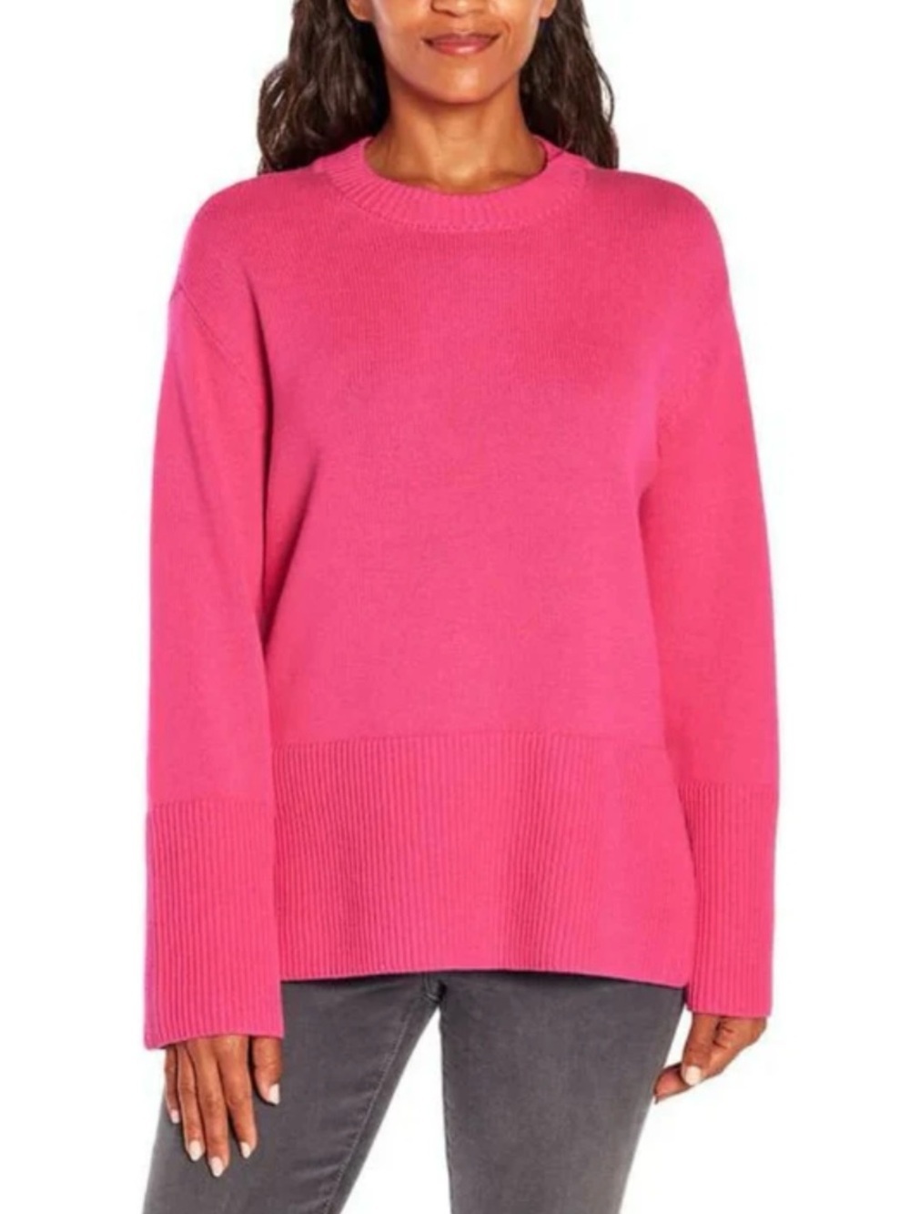 GAP Bright Hot Pink Cotton Knit Preppy 24/7 Crewneck Split Hem Chunky Sweater